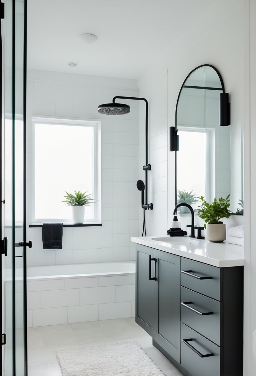 Guest bathroom with matte black fixtures, a white vanity, large mirror, and light-colored walls.