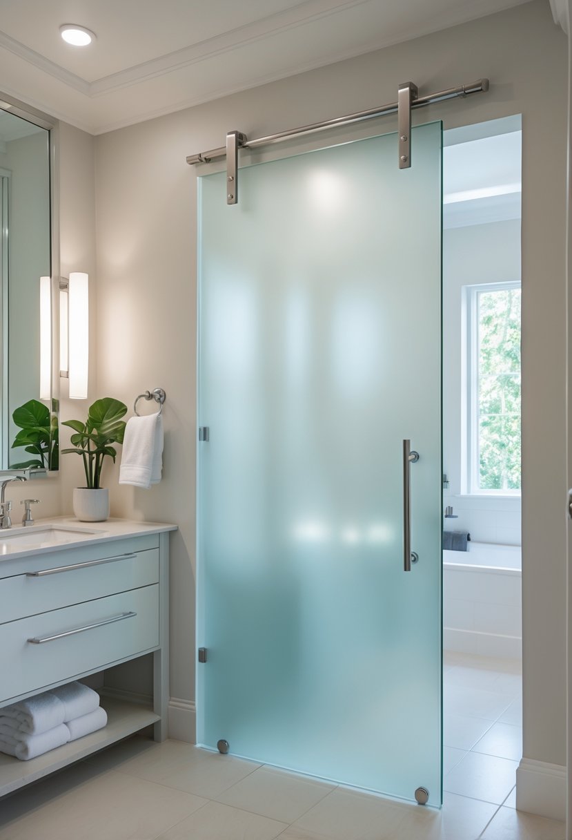 Guest bathroom with a frosted glass sliding barn door, a vanity with sink, and light-colored tiles.