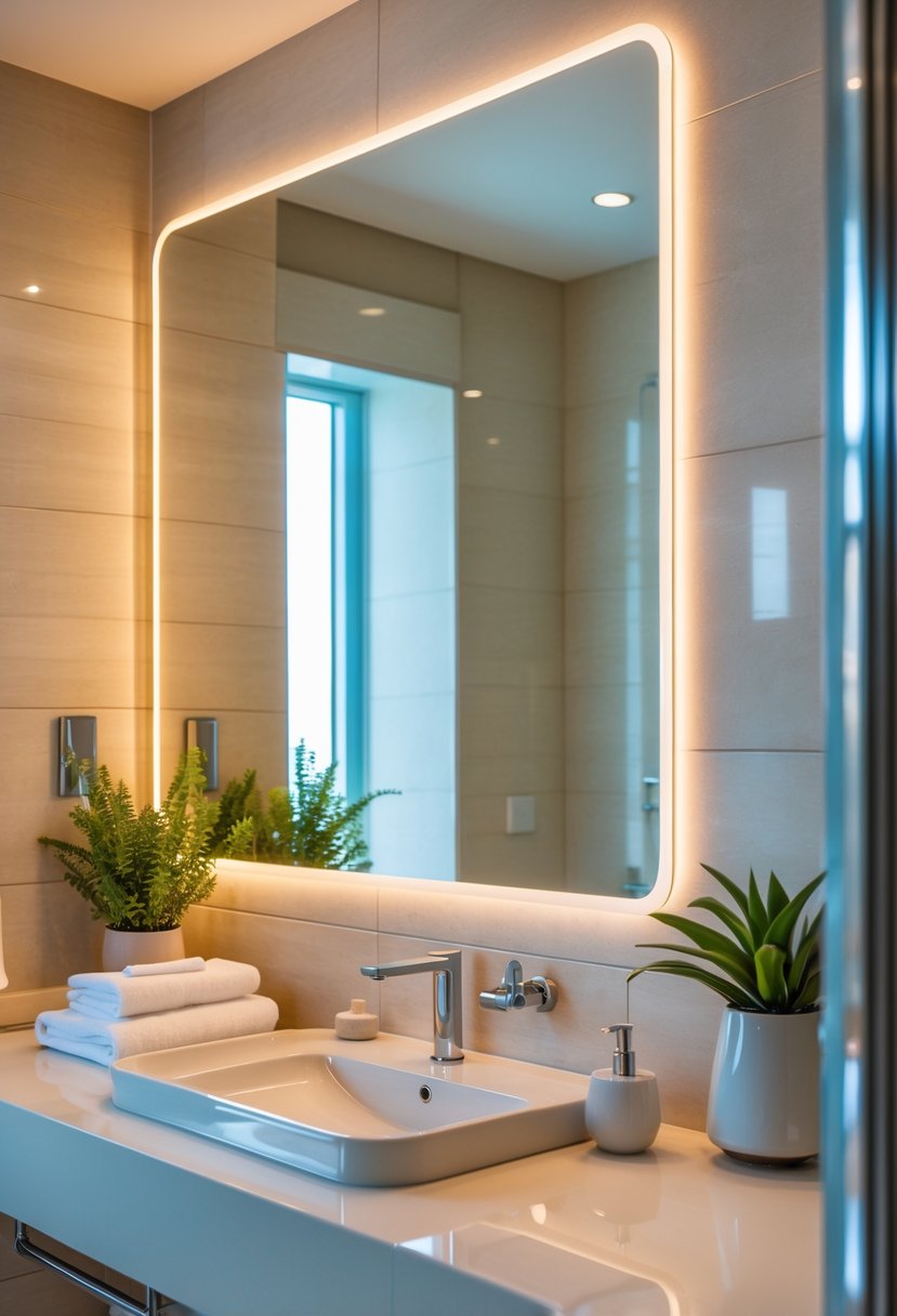 A guest bathroom with a large mirror surrounded by warm LED lights, a white countertop with a sink, and decorative accents.