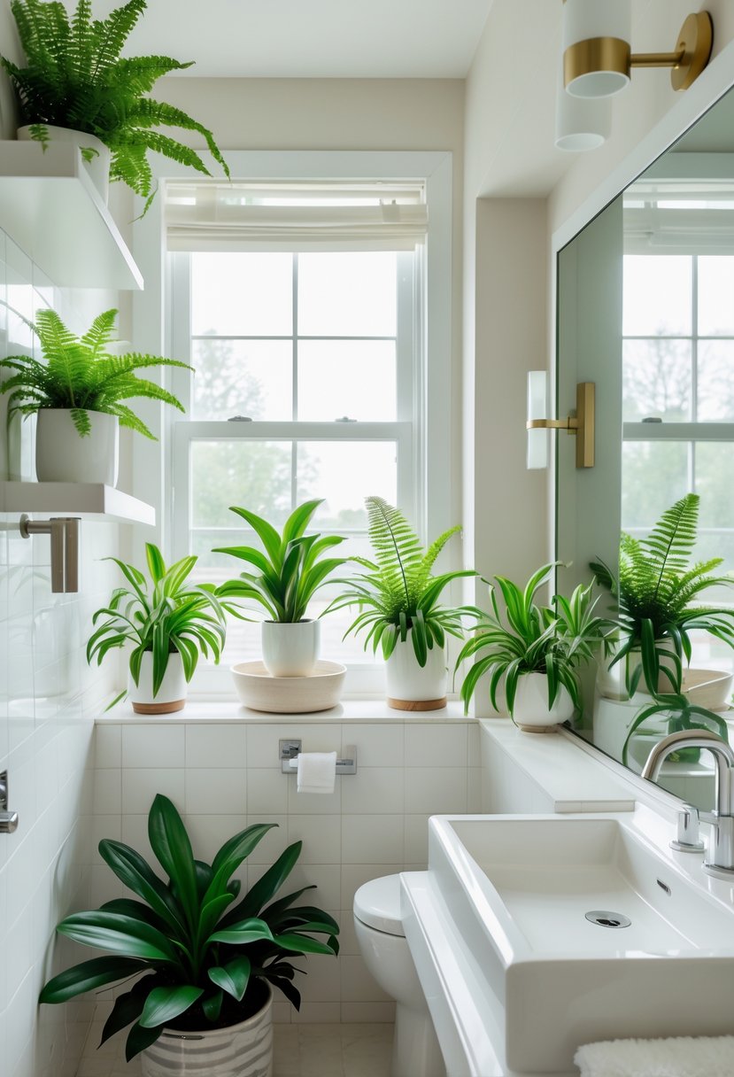 A guest bathroom with small ferns and orchids placed on shelves and countertops near a sink and mirror.