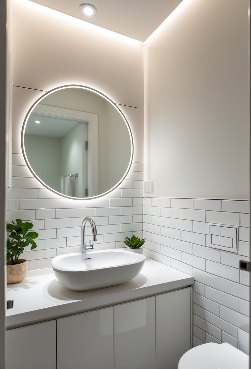 A guest bathroom with white subway tile backsplash, a sink with silver faucet, a round mirror, and a small green plant on the countertop.