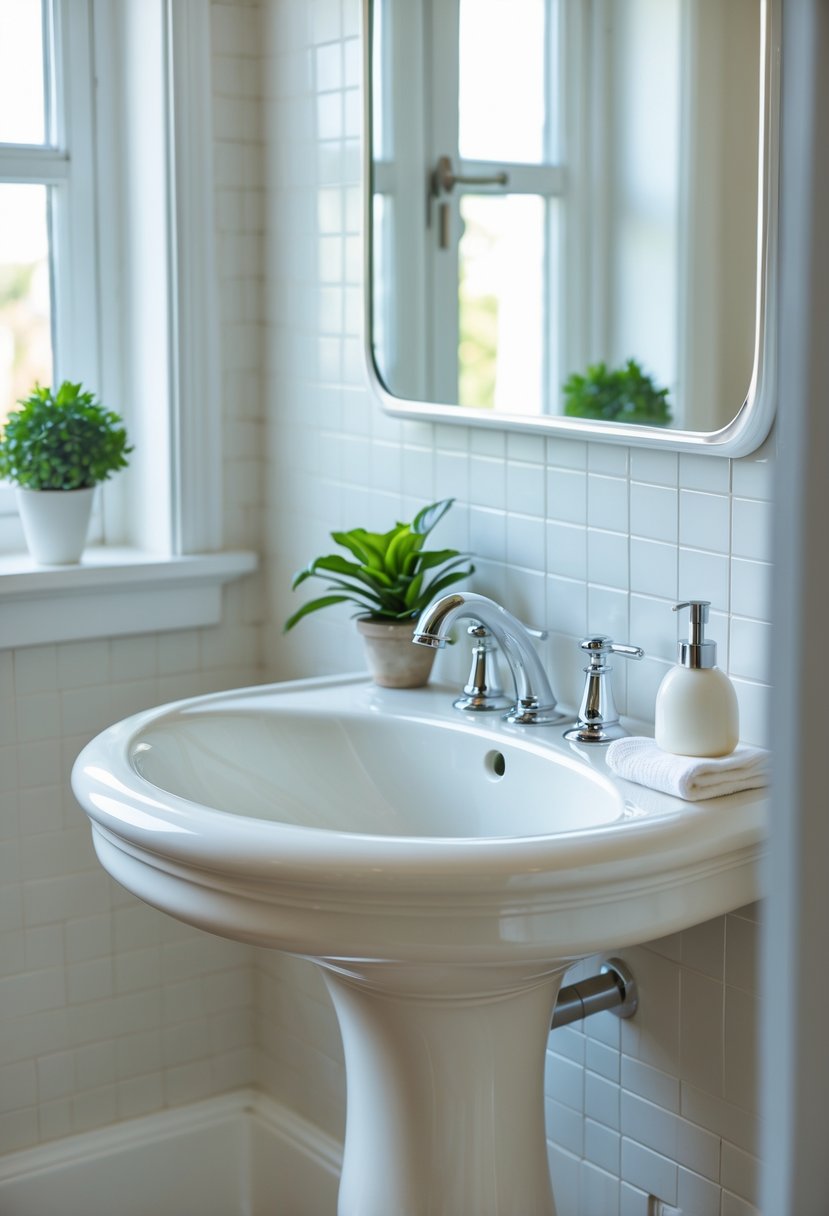 A white pedestal sink with a chrome faucet in a bright guest bathroom with a mirror and small decorative items.