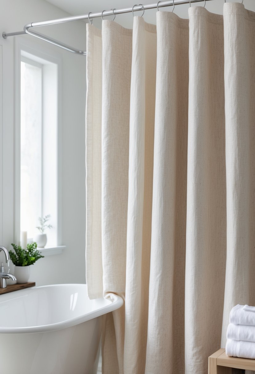 Guest bathroom with a textured linen shower curtain in soft neutral colors, a white bathtub, and a small green plant on a wooden shelf.