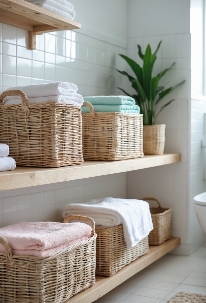 Woven baskets holding neatly folded towels on wooden shelves in a guest bathroom.