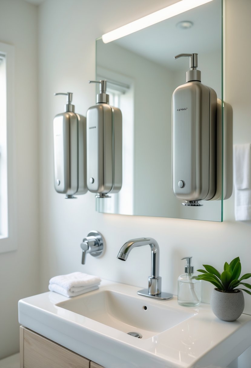 A guest bathroom sink area with mounted soap dispensers above a clean countertop and a mirror.