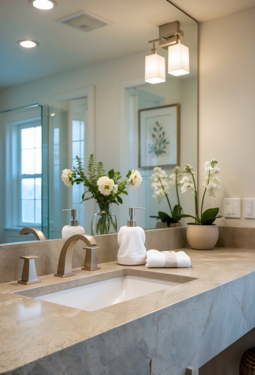 A guest bathroom with a natural stone countertop, sink, mirror, and decorative accessories.