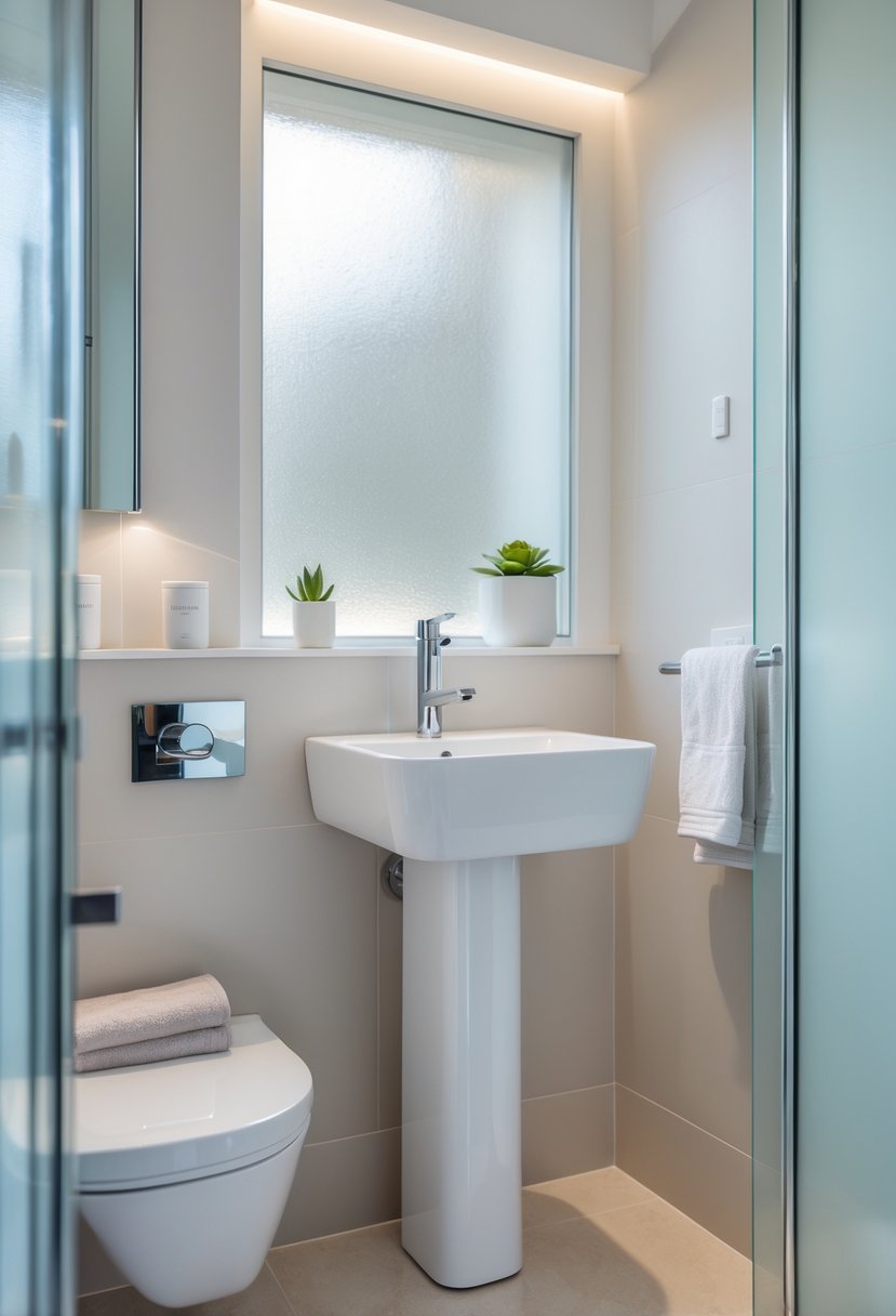 A small bathroom with a white pedestal sink, tiled floor, a mirror, and natural light from a window.