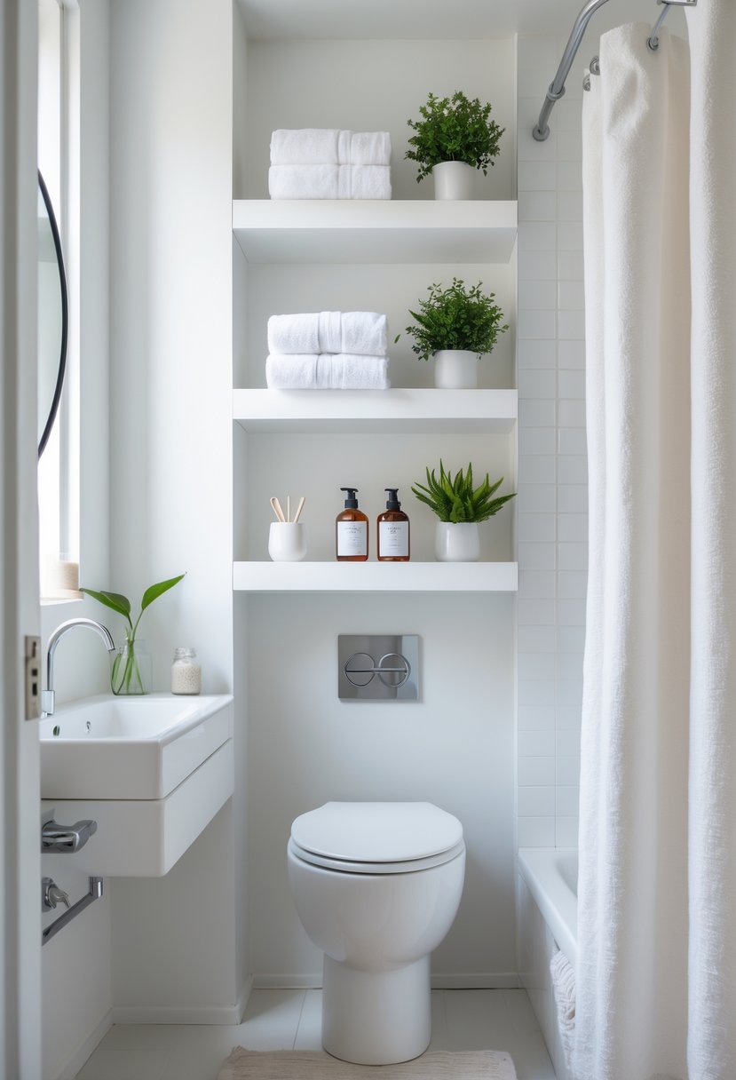 Small bathroom with floating shelves holding towels, plants, and toiletries above the toilet and sink.