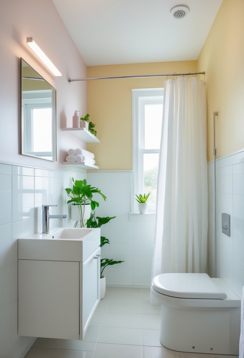 Small bright bathroom with light-colored walls, a white vanity, mirror, and green plants.