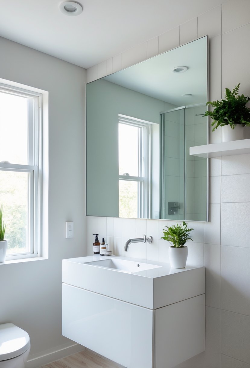 A small bathroom with a large frameless mirror reflecting light, a white vanity, and simple decor including a small plant.