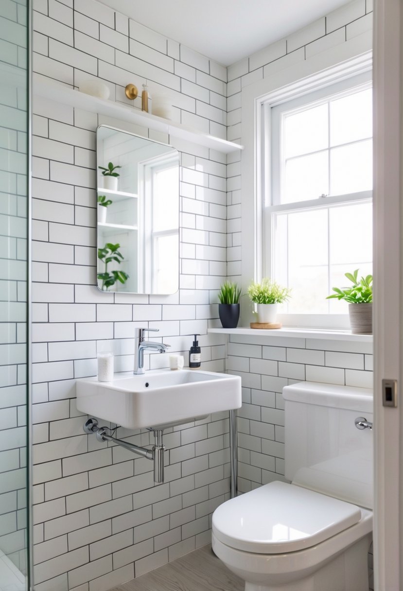 A small bathroom with white subway tile walls, a sink with chrome fixtures, a mirror, and shelves with towels and plants.