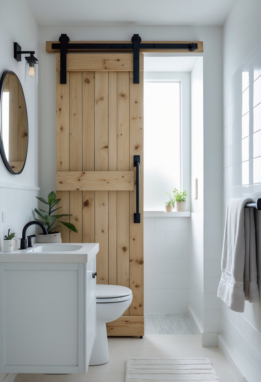 Small bathroom with a sliding wooden barn door partially open, showing a compact vanity, mirror, and natural light.