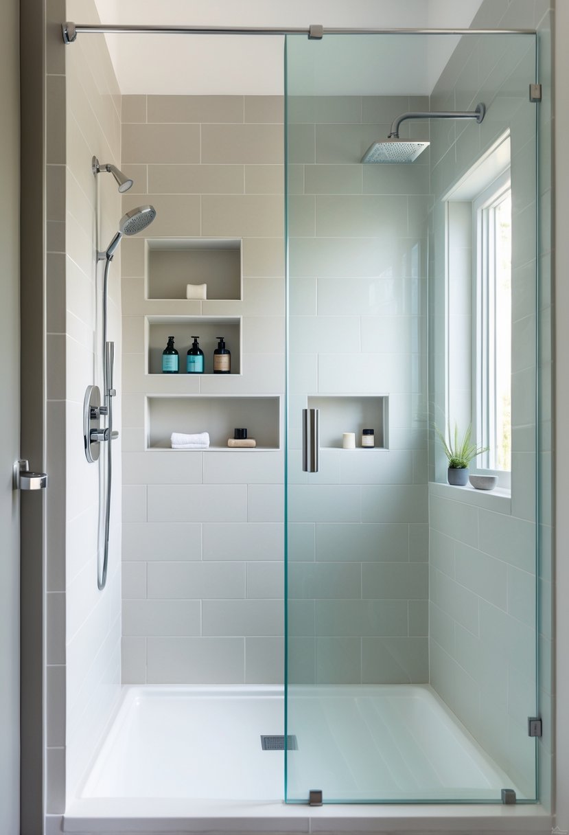 Small modern bathroom with built-in shower niches holding toiletries inside a glass shower enclosure.