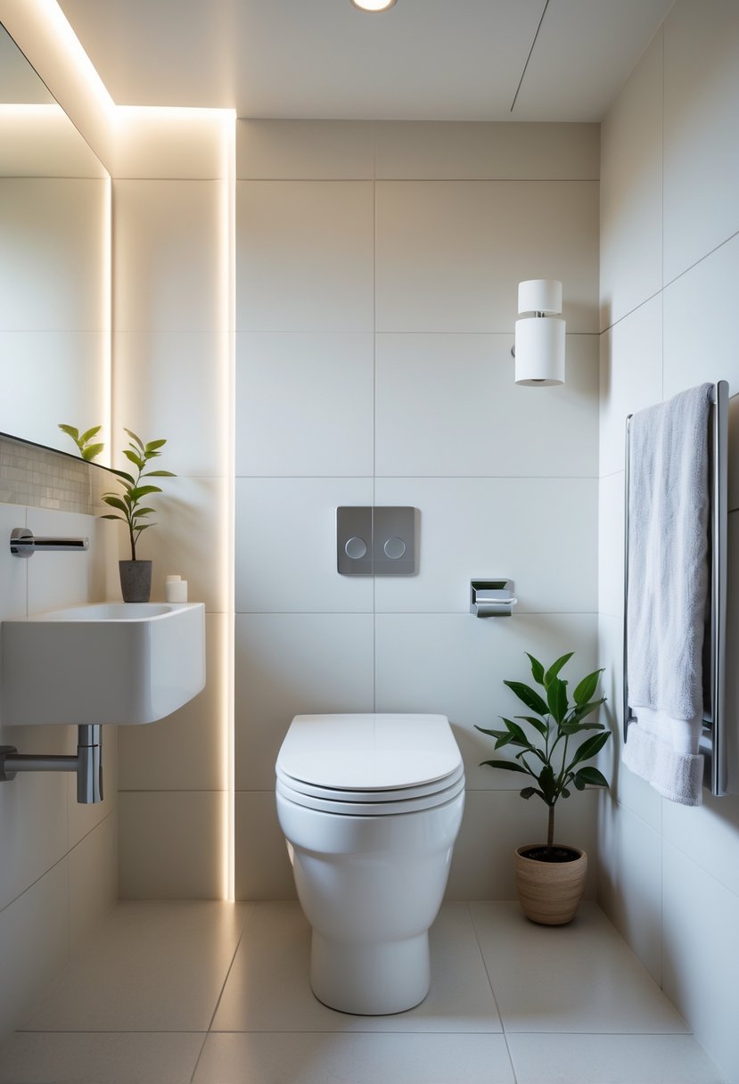 A small bathroom with a compact toilet featuring a slim tank, a wall-mounted sink, and a mirror, arranged neatly with bright lighting.
