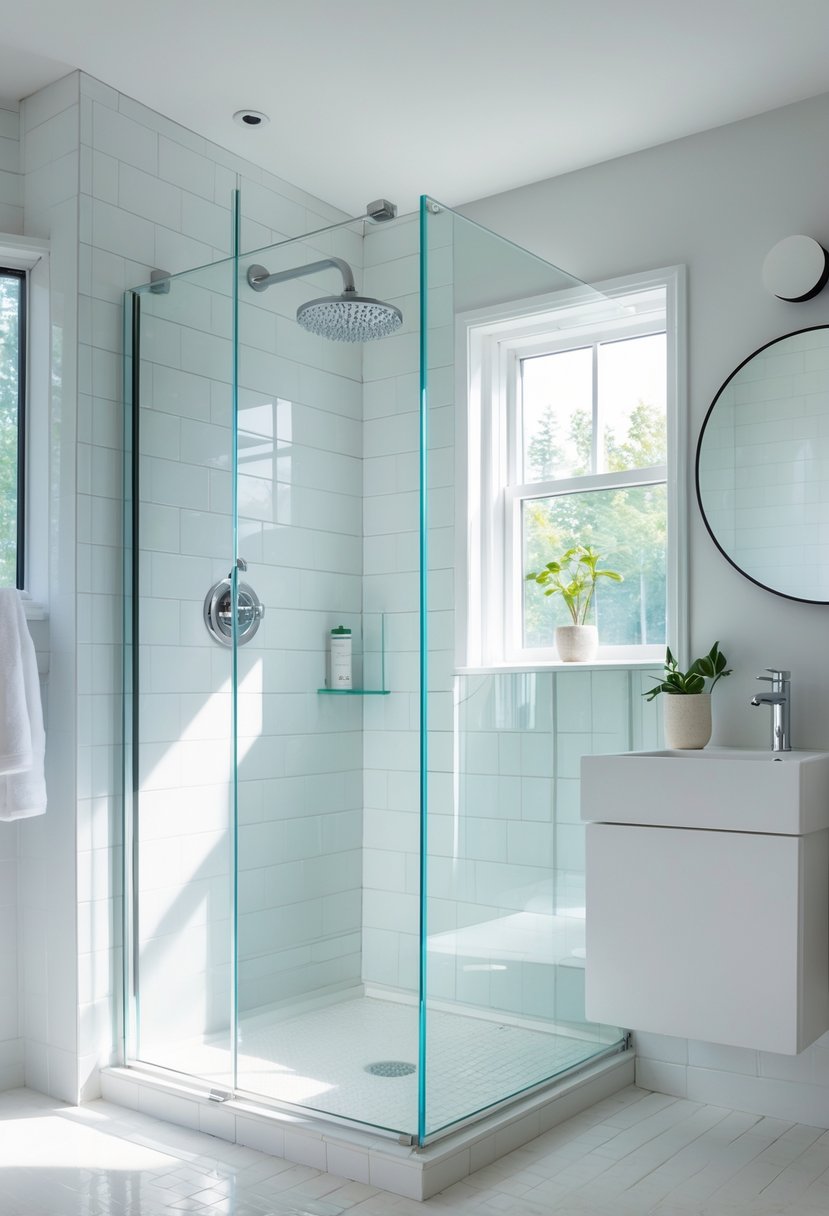 Small bathroom with a clear glass shower enclosure, white tiles, a vanity with a round mirror, and natural light coming through a window.