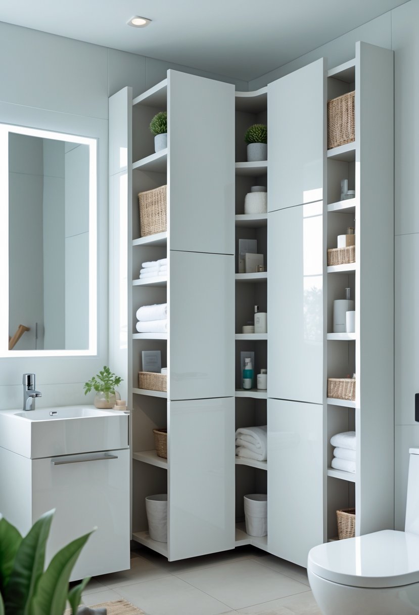 Small bathroom with tall vertical cabinets providing storage, a sink, mirror, and tiled floor.