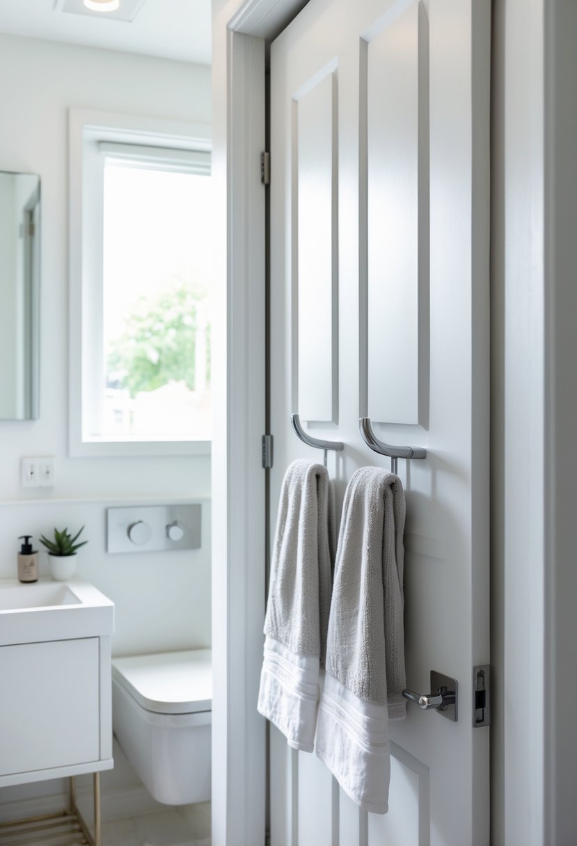 Small bathroom with hooks behind the door holding towels, a compact vanity, and natural light.