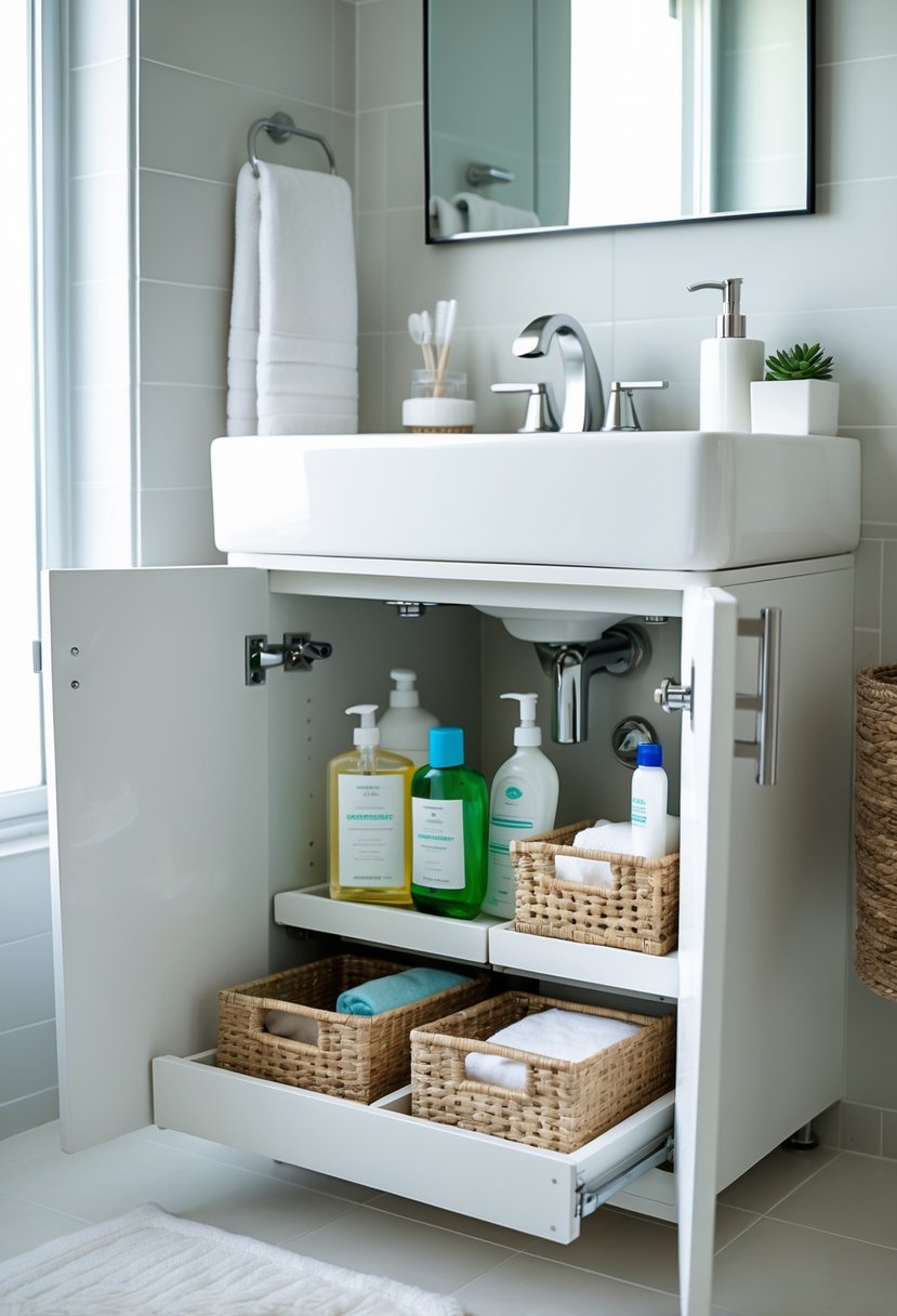 Open bathroom vanity cabinet with organized under-sink storage containing towels, bottles, and baskets in a small bathroom.