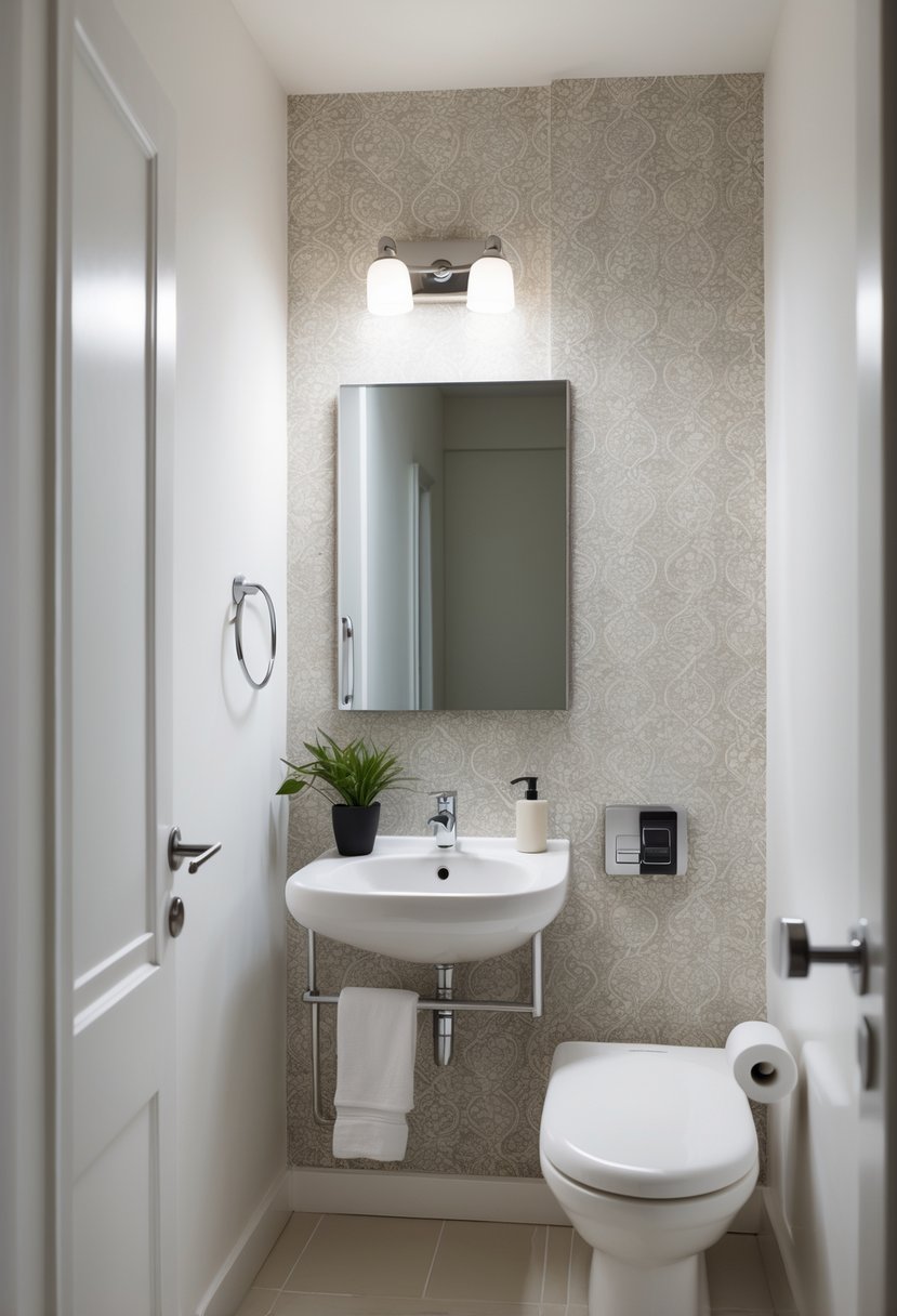 A small bathroom with a single wall covered in patterned wallpaper, white sink, toilet, mirror, and minimal accessories.