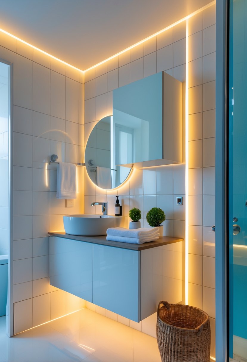 Small bathroom with LED strip lighting under white wall cabinets, a compact vanity with a round mirror, and light-colored tiles.