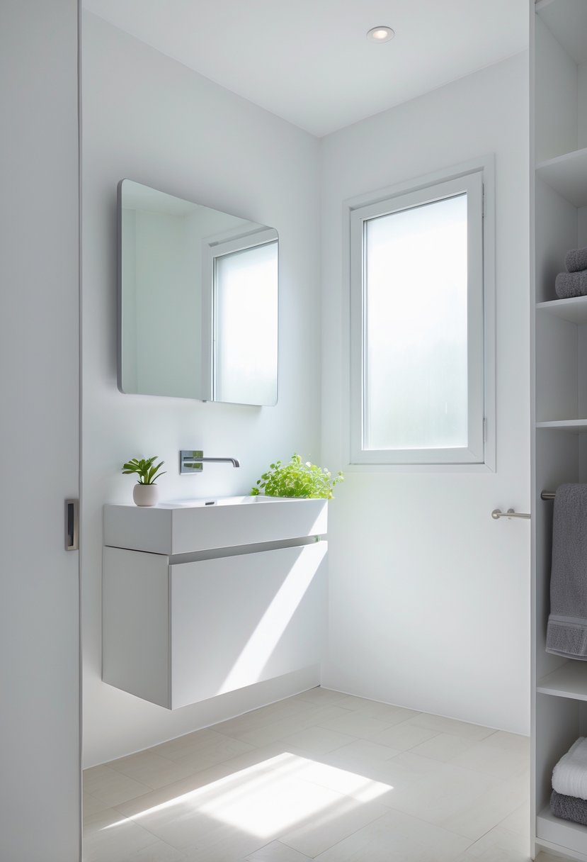 Small bathroom with a wall-mounted cabinet replacing a bulky vanity, a sink, mirror, and natural light coming through a window.