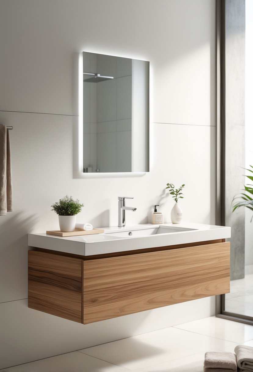 A floating wooden bathroom vanity with an integrated white sink mounted on a white wall, with a chrome faucet and bathroom accessories nearby.