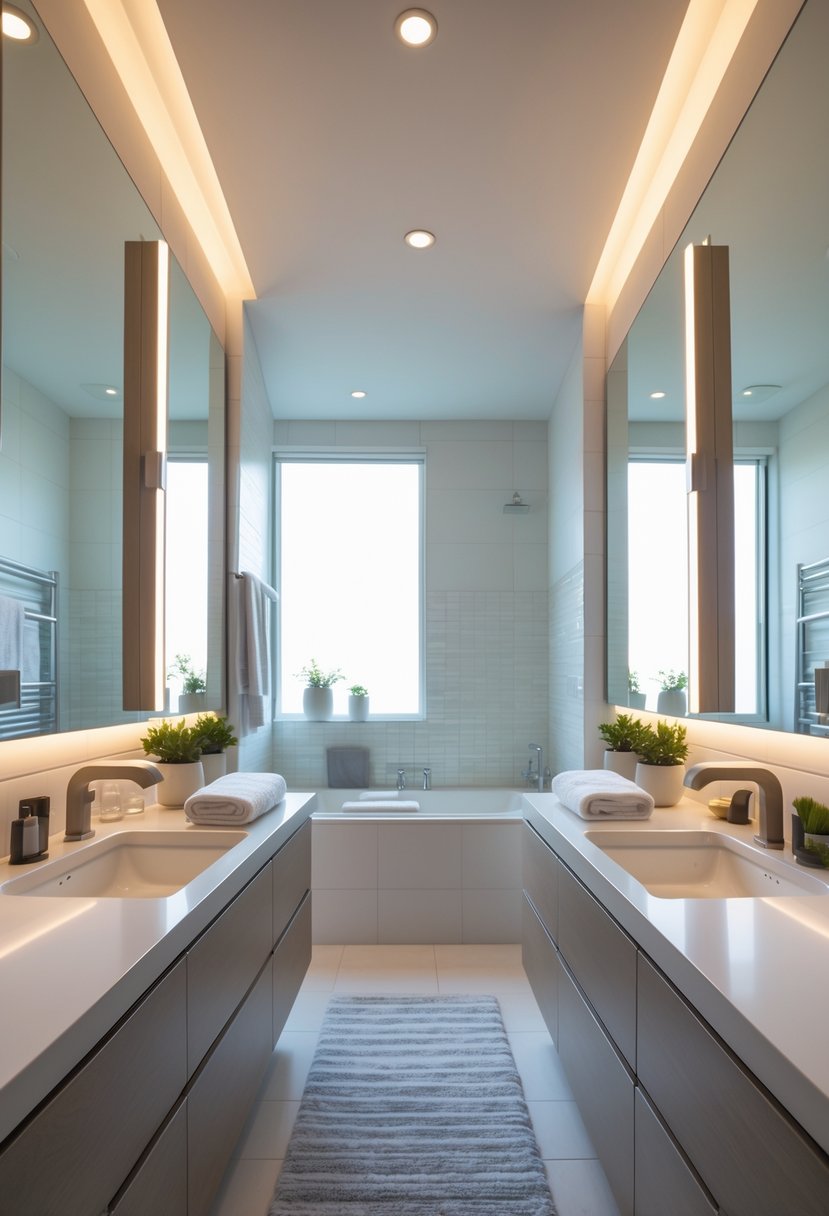 A bathroom with two side-by-side vanities, each topped with a sink and a backlit mirror above.