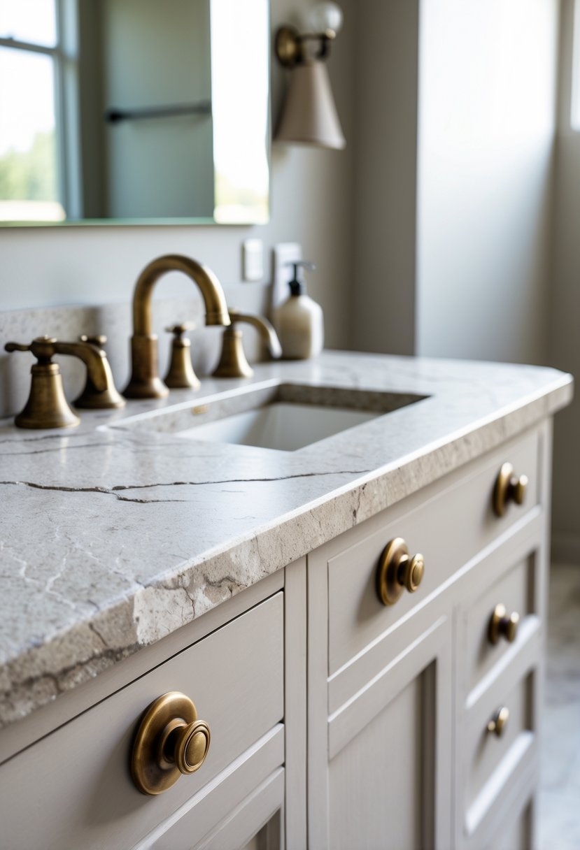A bathroom vanity with a stone countertop and vintage brass drawer pulls and knobs.