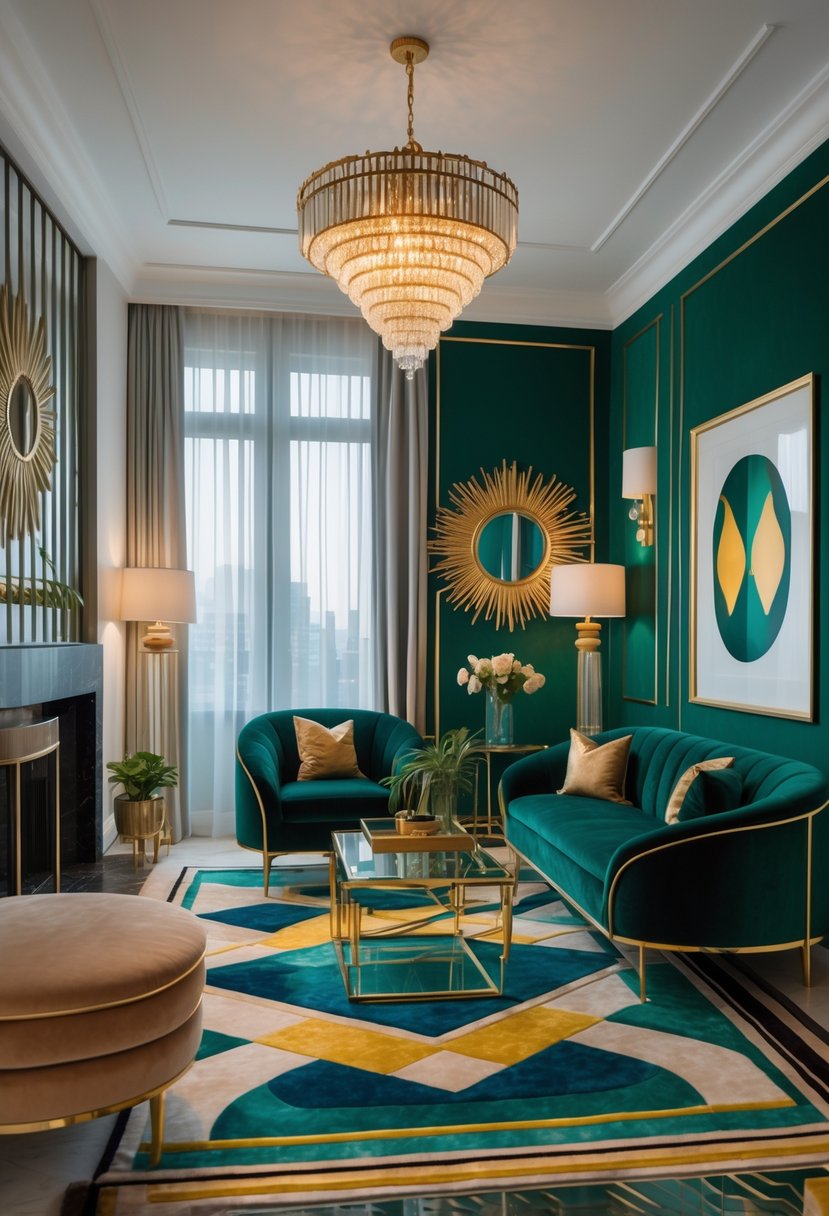 Art Deco Revival Living Room Décor: 21 Stylish Ideas for a Modern Update 2 A well-lit living room with a velvet sofa, glass coffee table, decorative mirror, chandelier, patterned rug, and framed artwork on the walls.