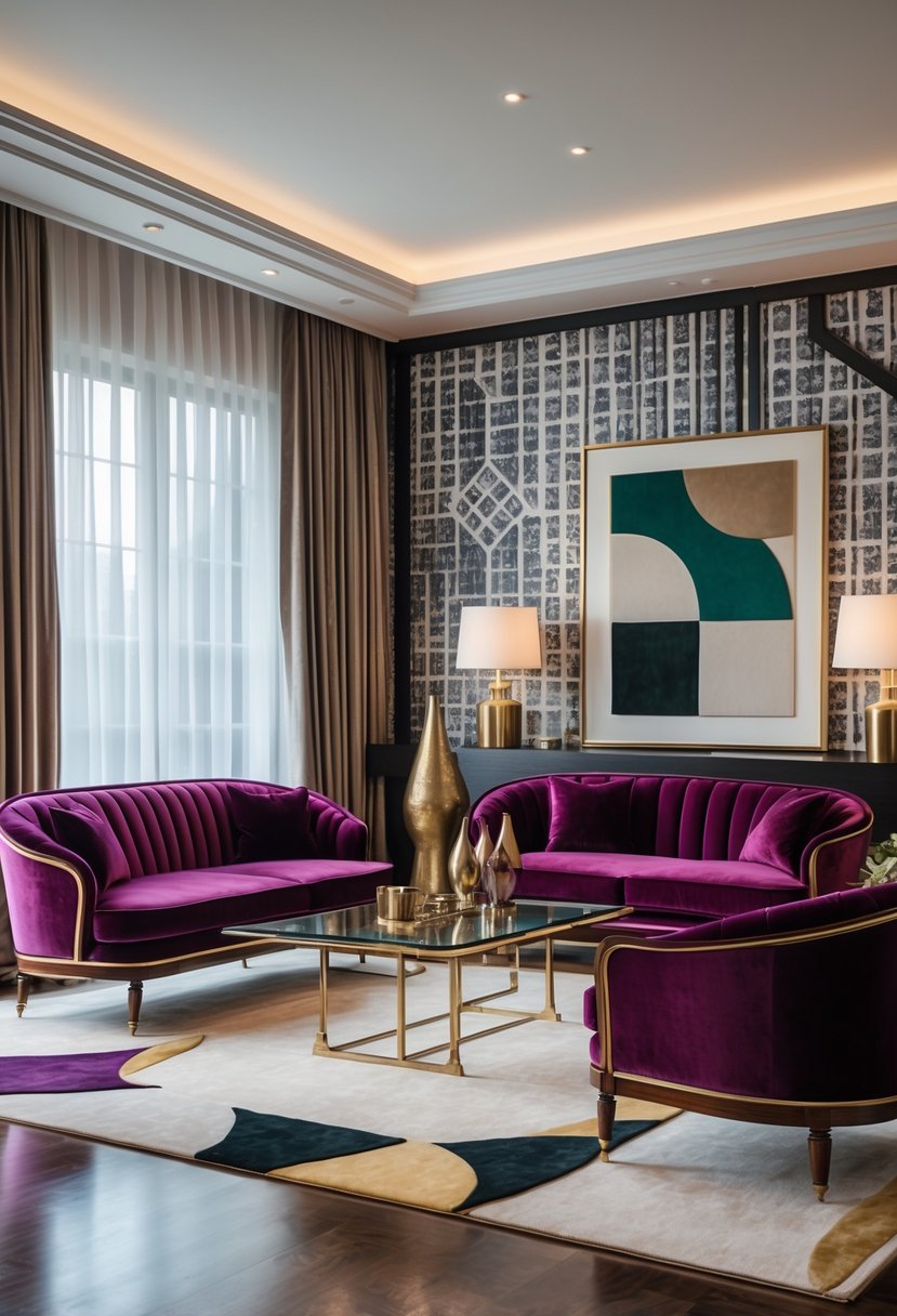 Art Deco Revival Living Room Décor: 21 Stylish Ideas for a Modern Update 4 A living room with velvet sofas arranged around a glass coffee table, decorated with lamps, vases, and wall art.