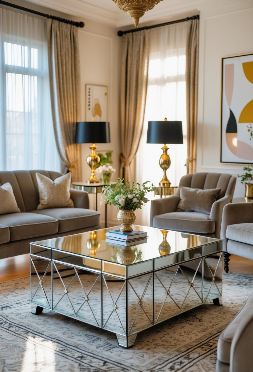 Art Deco Revival Living Room Décor: 21 Stylish Ideas for a Modern Update 5 A living room with mirrored coffee tables surrounded by comfortable seating and decorative accents, lit by natural light from large windows.