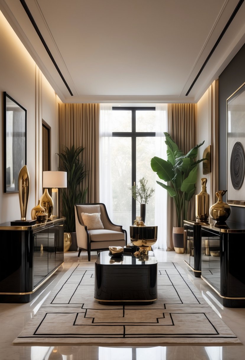 Art Deco Revival Living Room Décor: 21 Stylish Ideas for a Modern Update 7 A living room with black glossy furniture, a coffee table, armchair, decorative accents, and natural light coming through large windows.