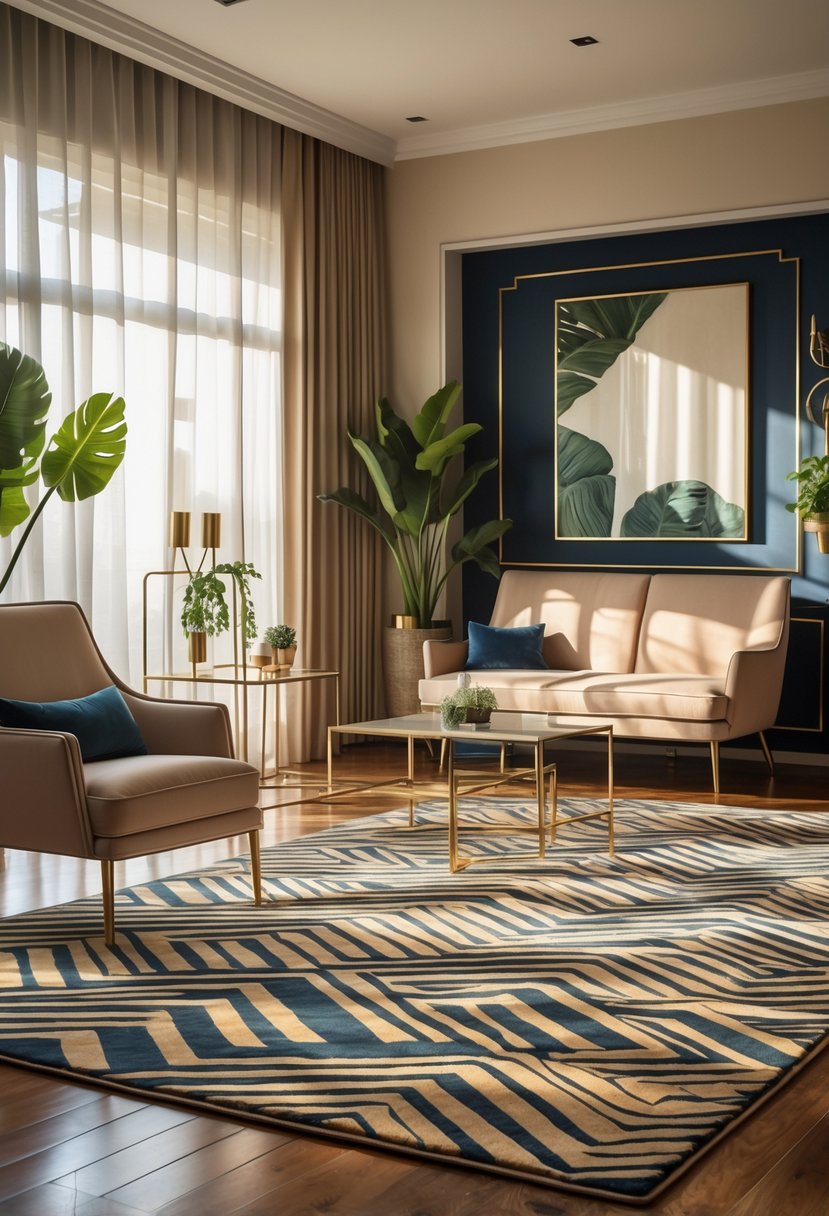 Art Deco Revival Living Room Décor: 21 Stylish Ideas for a Modern Update 8 A well-lit living room with chevron patterned rugs on the floor, modern furniture, and decorative plants.