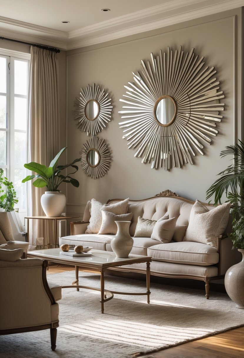 Art Deco Revival Living Room Décor: 21 Stylish Ideas for a Modern Update 9 A living room with sunburst wall mirrors above a sofa, featuring a coffee table and plants in a warmly lit space.