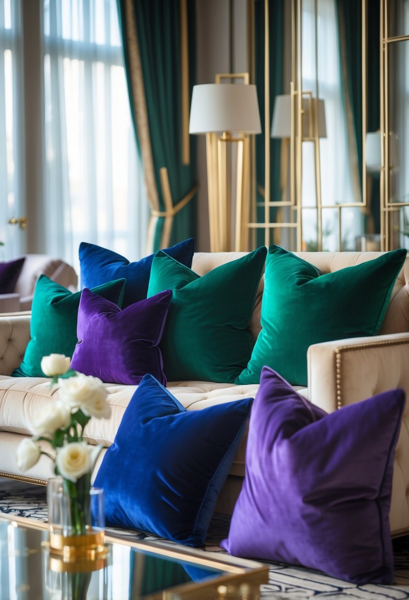 Art Deco Revival Living Room Décor: 21 Stylish Ideas for a Modern Update 10 A living room with a cream sofa adorned with jewel-toned throw pillows and a glass coffee table with a vase of white flowers.