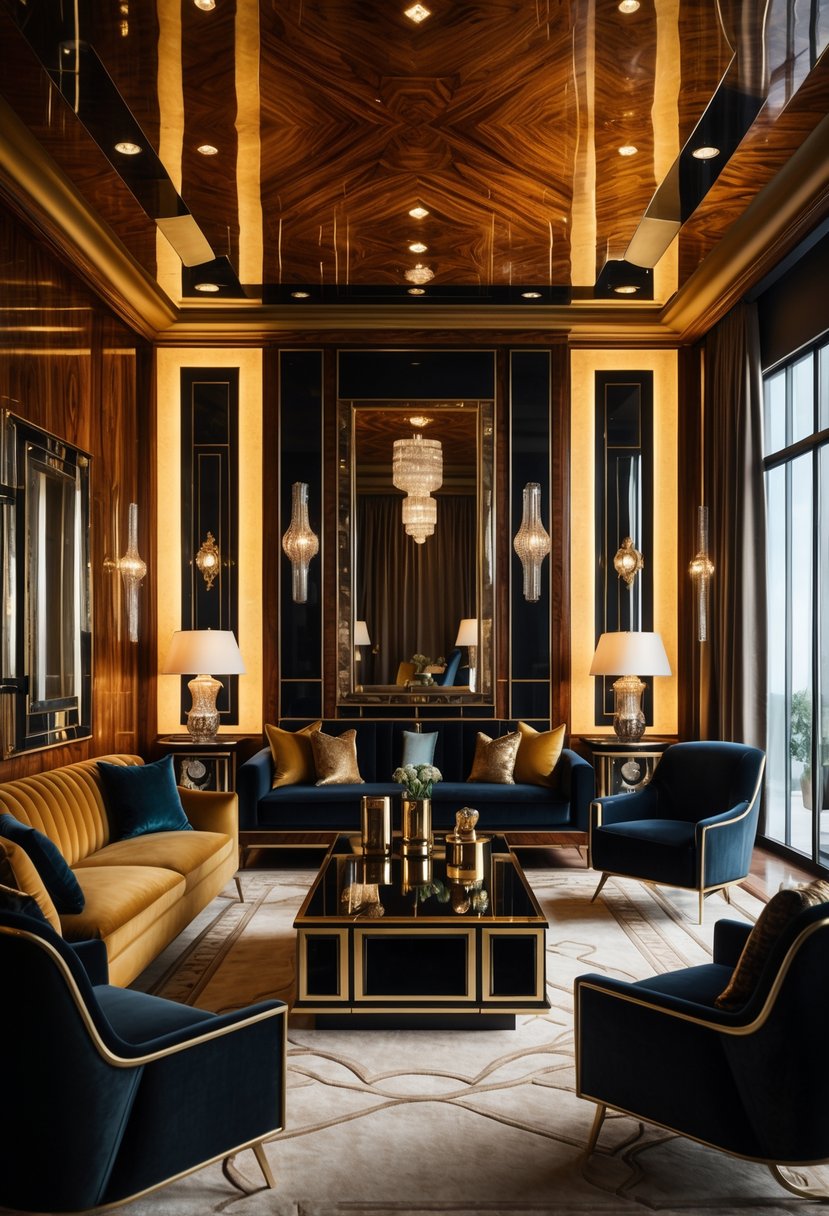 Art Deco Revival Living Room Décor: 21 Stylish Ideas for a Modern Update 13 A stylish living room with dark wood walls, comfortable seating, decorative lighting, and elegant furnishings.