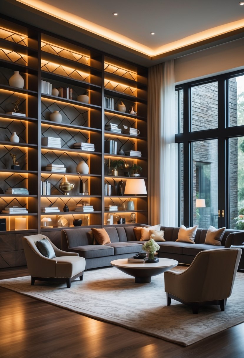 Art Deco Revival Living Room Décor: 21 Stylish Ideas for a Modern Update 14 A well-lit living room with stepped-back shelves displaying decorative items, a sofa, and chairs arranged around a rug on a hardwood floor.