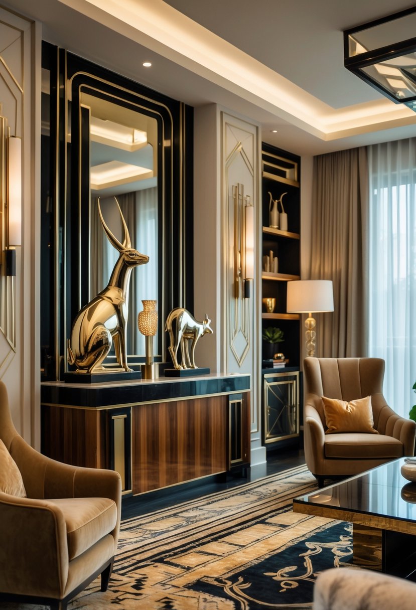 Art Deco Revival Living Room Décor: 21 Stylish Ideas for a Modern Update 16 A living room with elegant animal sculptures displayed on tables and shelves, surrounded by comfortable chairs and decorative lighting.