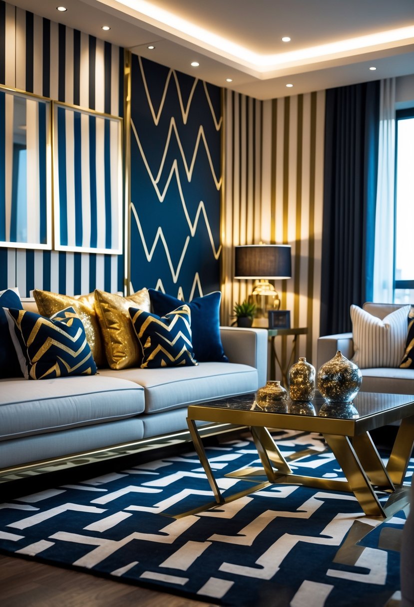Art Deco Revival Living Room Décor: 21 Stylish Ideas for a Modern Update 17 A living room with a sofa, cushions, coffee table, and decorative items arranged neatly, featuring bold zigzag patterns in the décor.