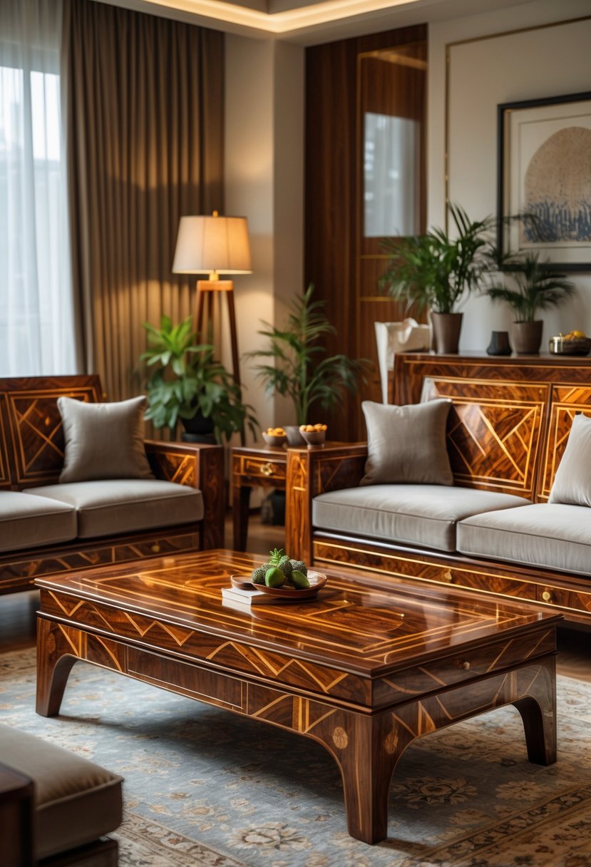 Art Deco Revival Living Room Décor: 21 Stylish Ideas for a Modern Update 20 A living room with wooden furniture, a sofa, a coffee table, plants, and framed artwork on the walls.