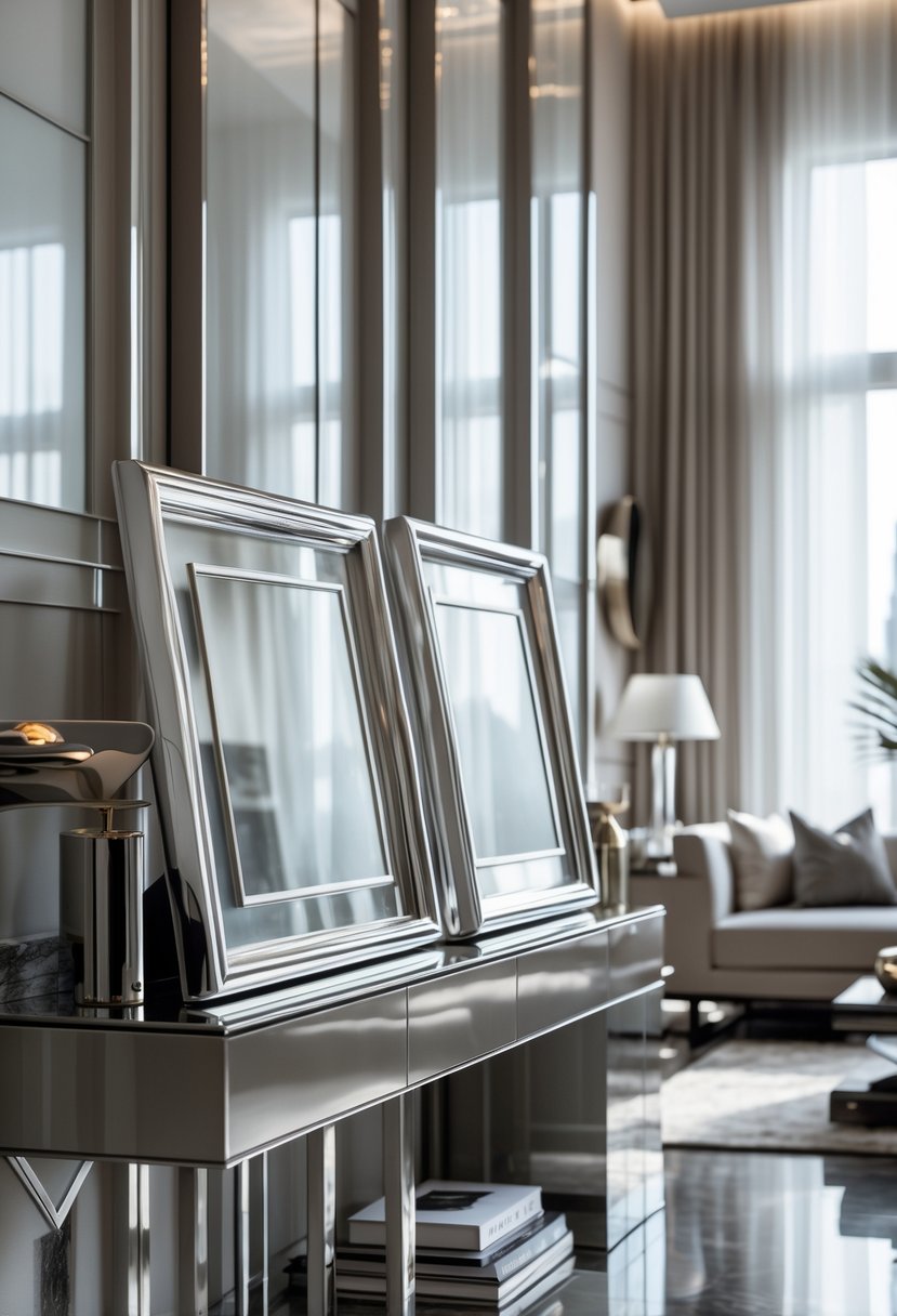 Art Deco Revival Living Room Décor: 21 Stylish Ideas for a Modern Update 23 A living room with polished chrome picture frames on a console table, a sofa with cushions, and decorative items arranged neatly.