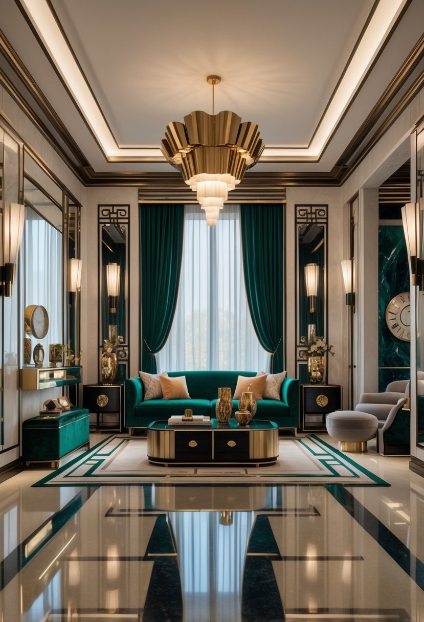 Art Deco Revival Living Room Décor: 21 Stylish Ideas for a Modern Update 24 A stylish living room with a velvet sofa, geometric patterned walls, decorative lighting, and elegant furnishings arranged in a symmetrical layout.