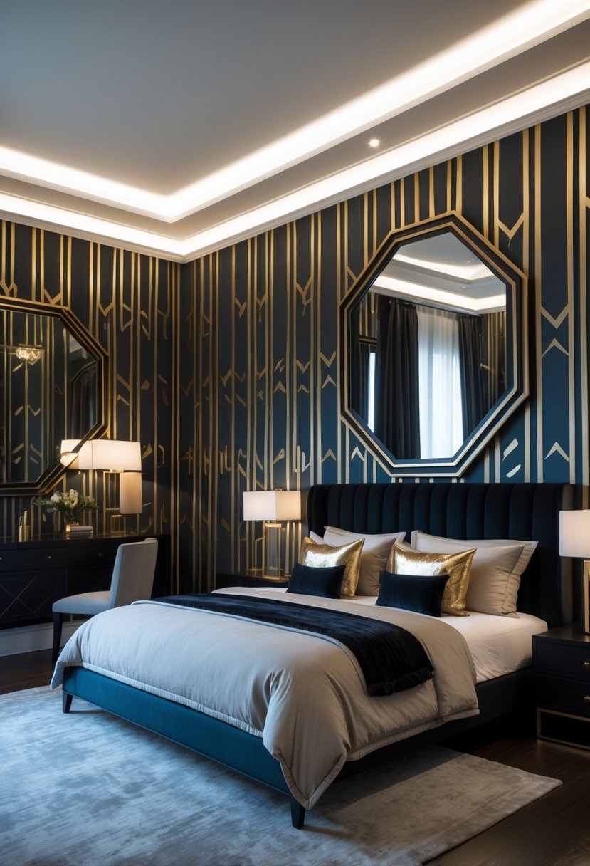 Art Deco Revival Bedroom Décor: 22 Stylish Ideas for a Timeless Look 3 A bedroom with a bed, nightstands, lamps, and bold geometric patterned wallpaper.