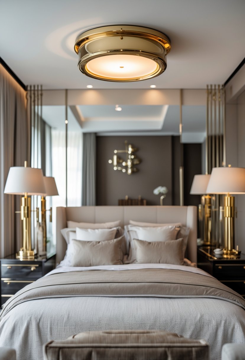 Art Deco Revival Bedroom Décor: 22 Stylish Ideas for a Timeless Look 4 A well-lit bedroom with a neatly made bed and chrome and brass lighting fixtures, including bedside lamps and a ceiling light.