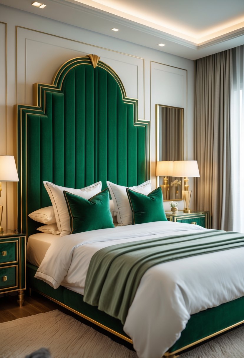 Art Deco Revival Bedroom Décor: 22 Stylish Ideas for a Timeless Look 5 A bedroom with a velvet green headboard, white bedding, bedside tables with lamps, and soft natural light.