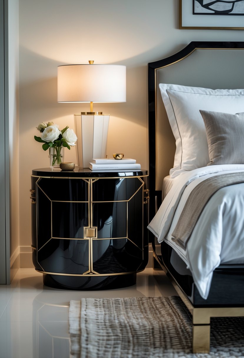 Art Deco Revival Bedroom Décor: 22 Stylish Ideas for a Timeless Look 6 A bedroom scene with black glossy bedside tables on either side of a bed with white linens, featuring lamps and decorative items on the tables.