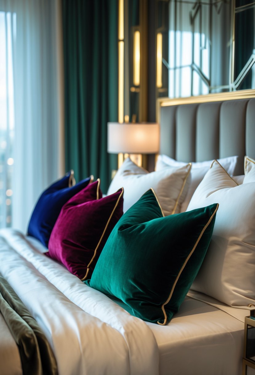 Art Deco Revival Bedroom Décor: 22 Stylish Ideas for a Timeless Look 8 A bed with jewel-tone velvet throw pillows in rich colors arranged on white linens in a stylish bedroom.