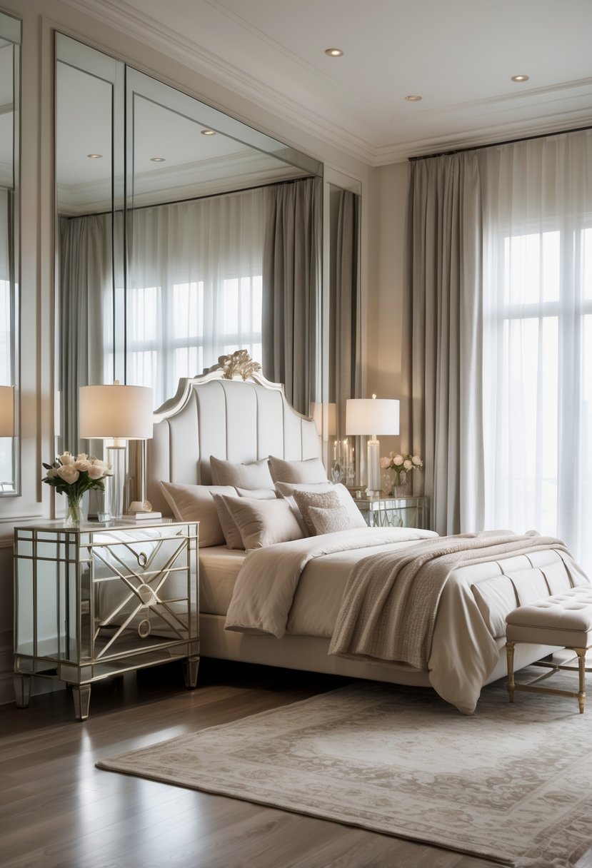 Art Deco Revival Bedroom Décor: 22 Stylish Ideas for a Timeless Look 9 A bedroom with two mirrored dressers on each side of a bed, featuring soft lighting and elegant decor.
