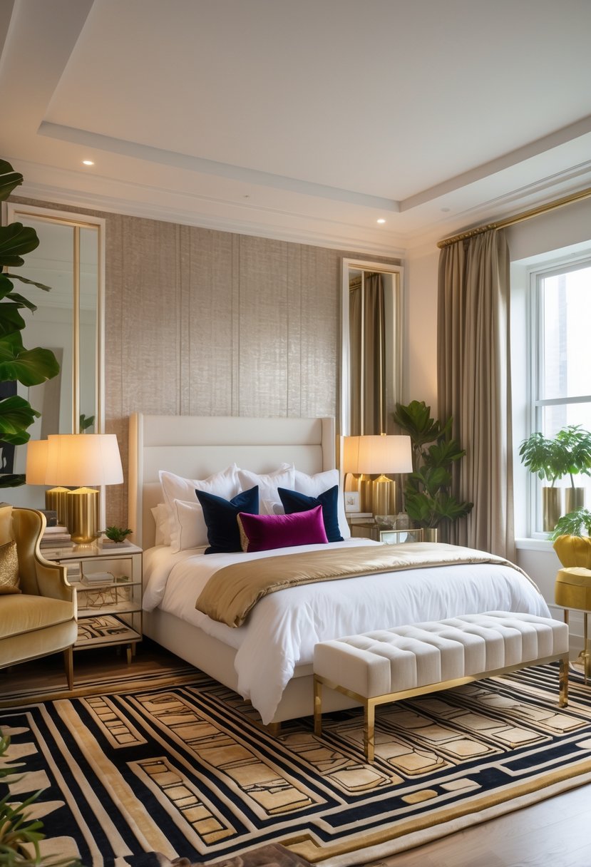 Art Deco Revival Bedroom Décor: 22 Stylish Ideas for a Timeless Look 10 A bright and elegant bedroom with a large bed, geometric patterned area rugs, nightstands with lamps, a velvet armchair, and indoor plants.