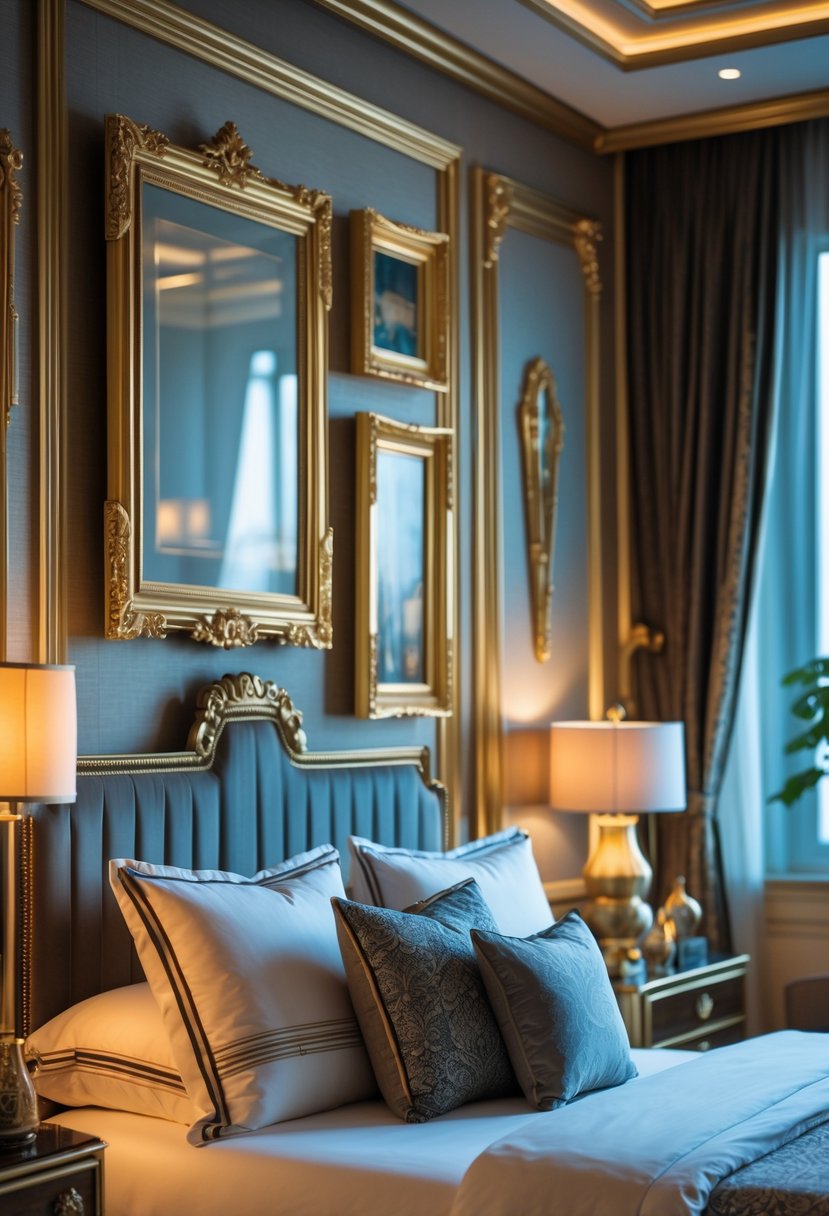 Art Deco Revival Bedroom Décor: 22 Stylish Ideas for a Timeless Look 11 A bedroom with gold-trimmed picture frames on the walls, a neatly made bed, and warm ambient lighting.